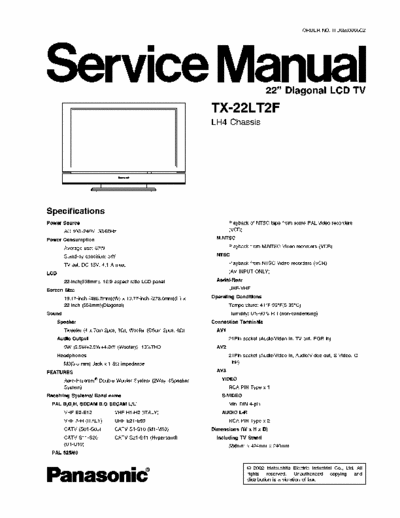 PANASONIC LCD TV TX-22LT2F service manual